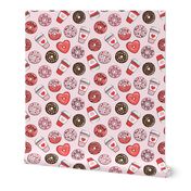 donuts and coffee - valentines day - red, pink, & chocolate on pink