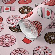 donuts and coffee - valentines day - red, pink, & chocolate on pink