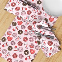 donuts and coffee - valentines day - red, pink, & chocolate on pink