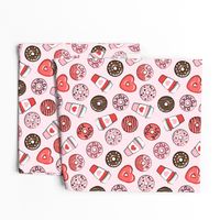 donuts and coffee - valentines day - red, pink, & chocolate on pink