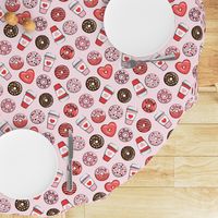 donuts and coffee - valentines day - red, pink, & chocolate on pink