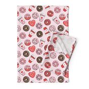 donuts and coffee - valentines day - red, pink, & chocolate on pink