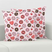 donuts and coffee - valentines day - red, pink, & chocolate on pink