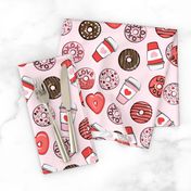 donuts and coffee - valentines day - red, pink, & chocolate on pink