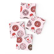 donuts and coffee - valentines day - red, pink, & chocolate on pink