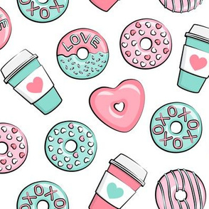 donuts and coffee - valentines day - pink & teal