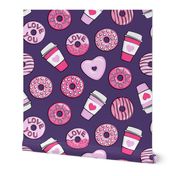 donuts and coffee - valentines day - pink on dark purple