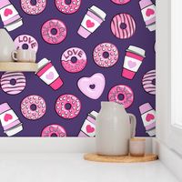 donuts and coffee - valentines day - pink on dark purple