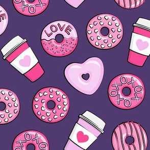 donuts and coffee - valentines day - pink on dark purple