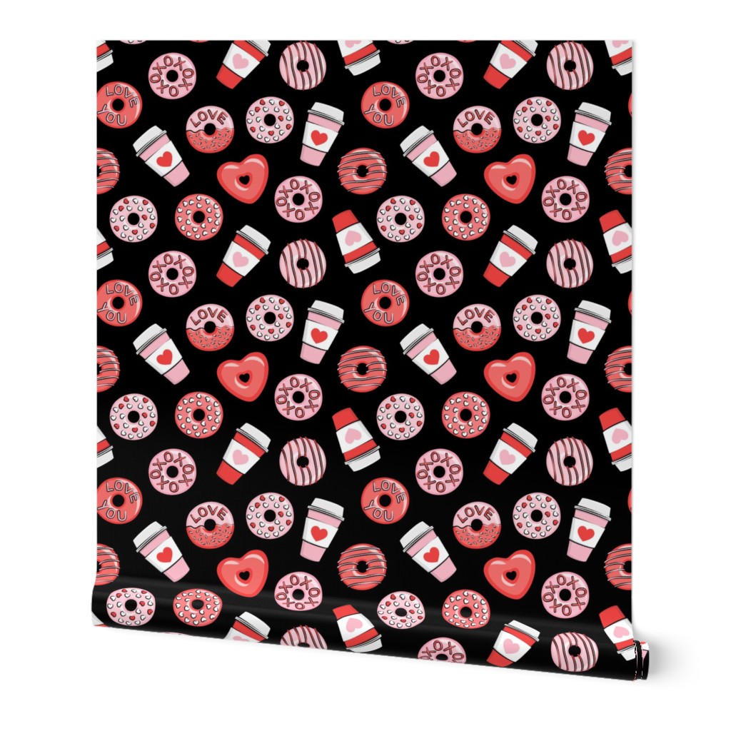 donuts and coffee - valentines day - red and pink on black