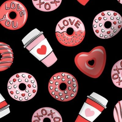 donuts and coffee - valentines day - red and pink on black