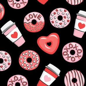 donuts and coffee - valentines day - red and pink on black