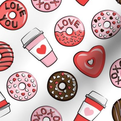 donuts and coffee - valentines day - red, pink, & chocolate on white