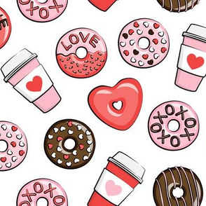 donuts and coffee - valentines day - red, pink, & chocolate on white