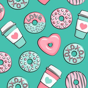 donuts and coffee - valentines day - pink and teal on dark teal
