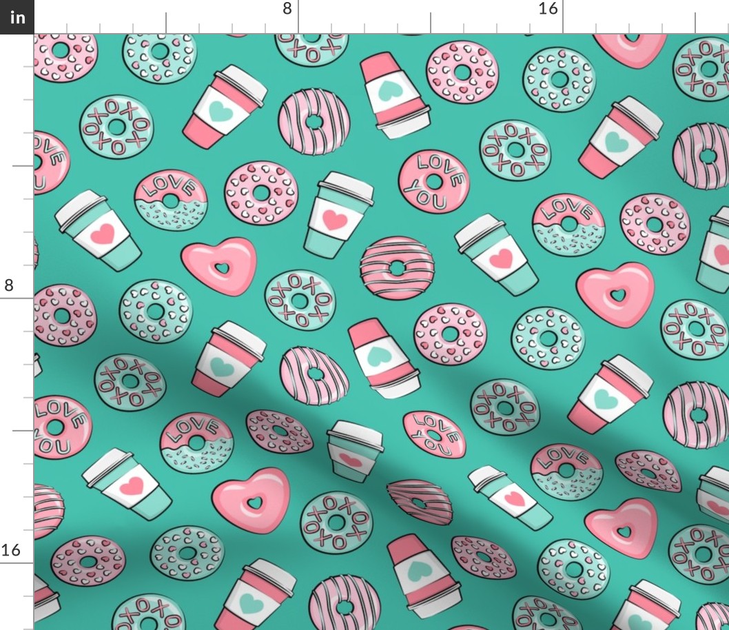 donuts and coffee - valentines day - pink and teal on dark teal