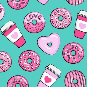 donuts and coffee - valentines day - pink on teal