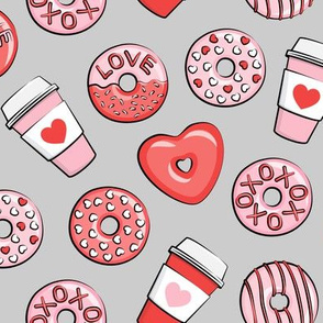 donuts and coffee - valentines day - red and pink on grey