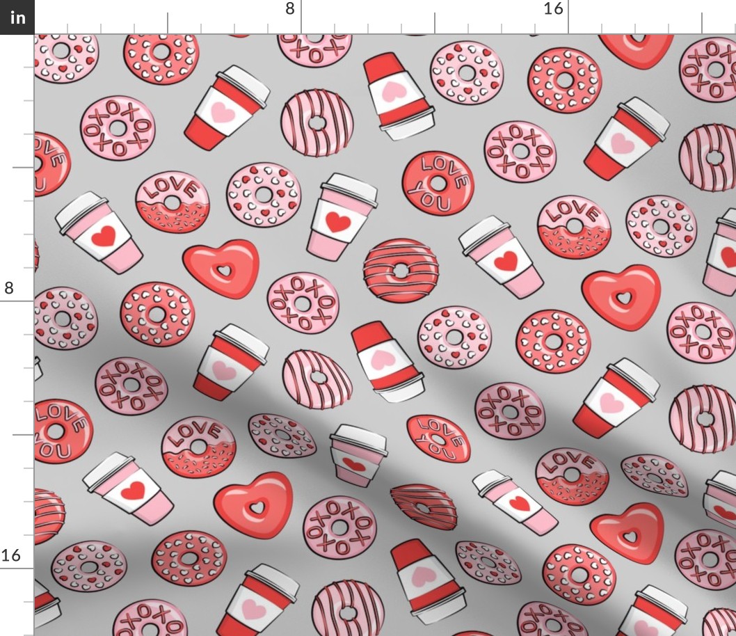 donuts and coffee - valentines day - red and pink on grey