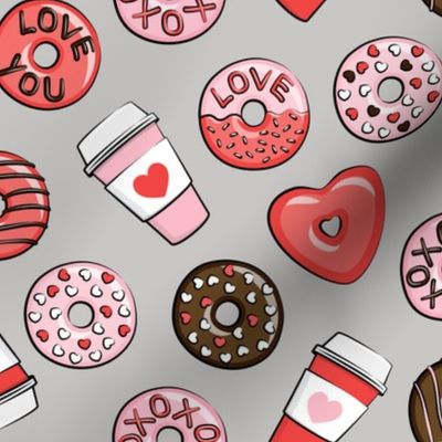 donuts and coffee - valentines day - red, pink, & chocolate on grey