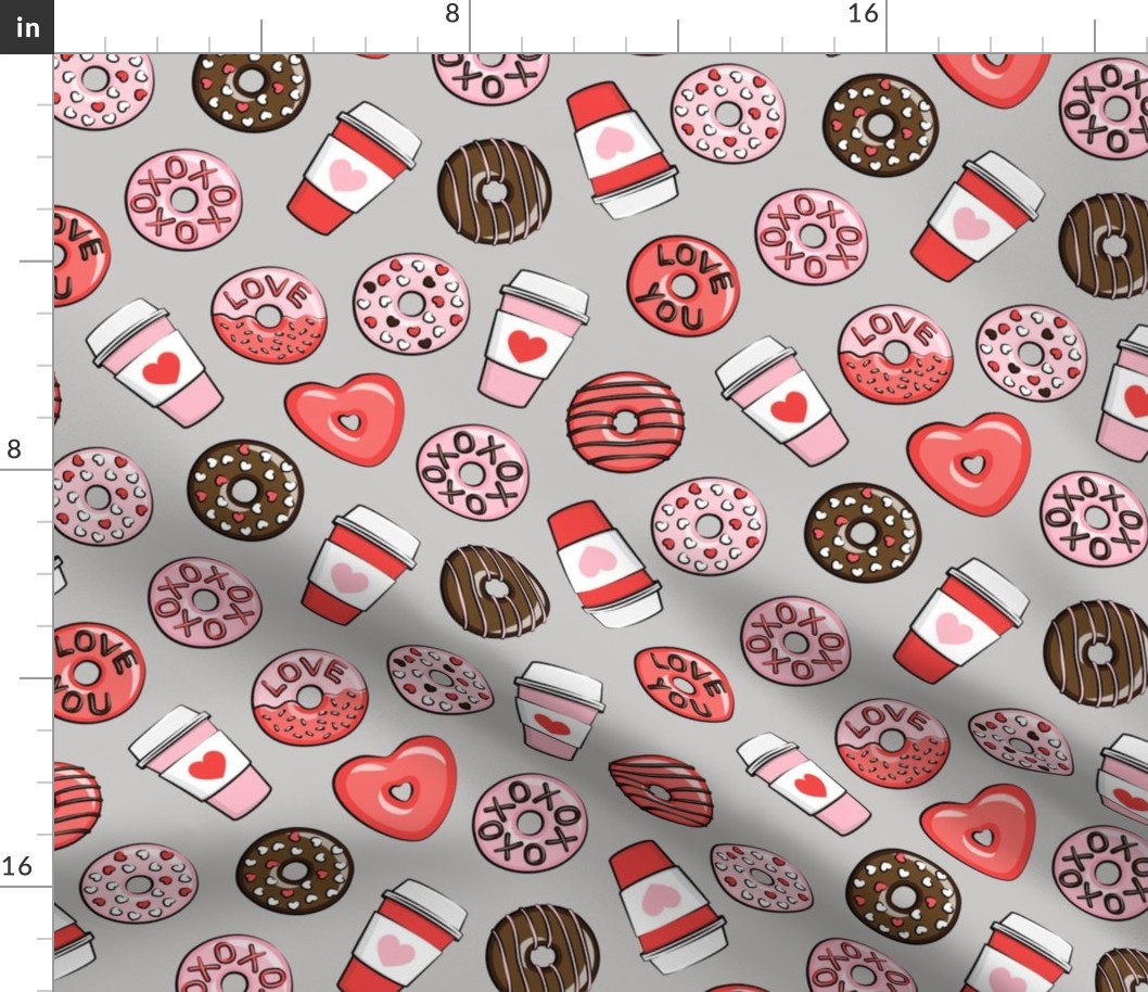donuts and coffee - valentines day - red, pink, & chocolate on grey