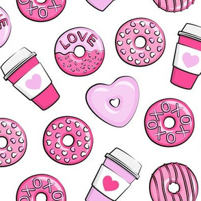 donuts and coffee - valentines day - pink on white