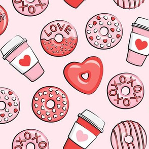 donuts and coffee - valentines day - red and pink on pink