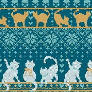 Small scale // Fair Isle Knitting Cats Love // teal background dark teal white and yellow kitties and details