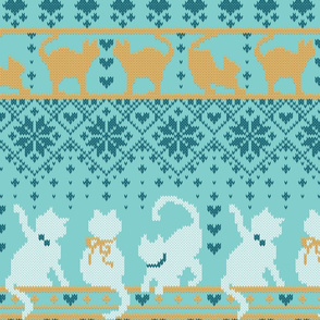 Normal scale // Fair Isle Knitting Cats Love // teal background dark teal white and yellow kitties and details