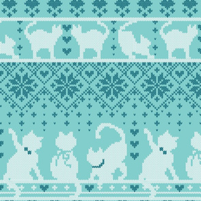 Normal scale // Fair Isle Knitting Cats Love // teal background dark teal and white kitties and details