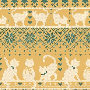 Small scale // Fair Isle Knitting Cats Love // yellow background teal and white kitties and details