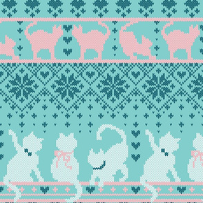 Normal scale // Fair Isle Knitting Cats Love // teal background dark teal white and pink kitties and details