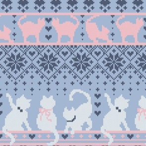 Normal scale // Fair Isle Knitting Cats Love // violet background dark violet white and pink kitties and details