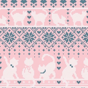 Normal scale // Fair Isle Knitting Cats Love // pink background teal and white kitties and details