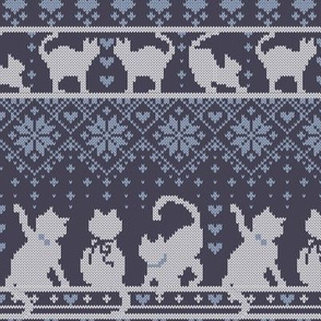 Small scale // Fair Isle Knitting Cats Love // dark violet background violet and white kitties and details