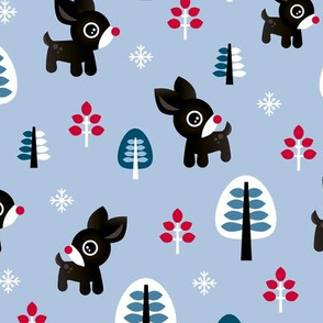 Christmas time reindeer winter wonderland with forest trees and snow flakes cool winter blue boys 