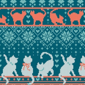 Normal scale // Fair Isle Knitting Cats Love // dark teal background teal white and orange kitties and details