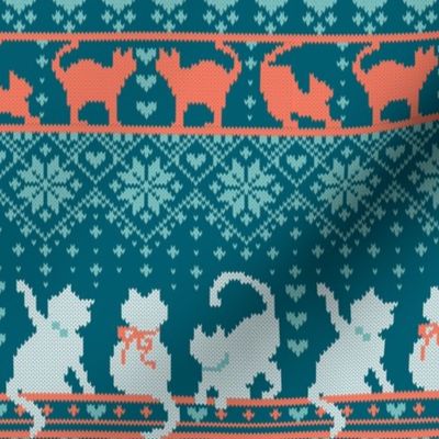 Small scale // Fair Isle Knitting Cats Love // teal background dark teal white and orange kitties and details