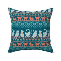 Small scale // Fair Isle Knitting Cats Love // teal background dark teal white and orange kitties and details