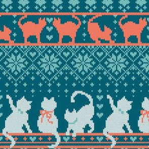 Small scale // Fair Isle Knitting Cats Love // teal background dark teal white and orange kitties and details