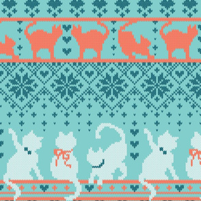 Normal scale // Fair Isle Knitting Cats Love // teal background dark teal white and orange kitties and details