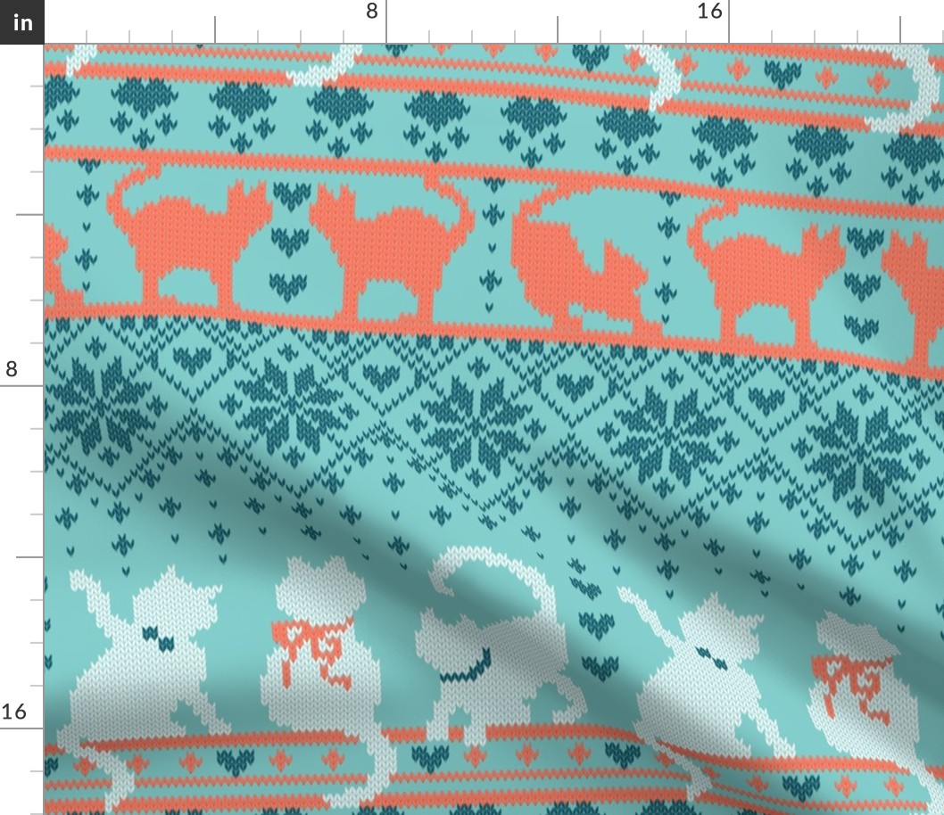 Normal scale // Fair Isle Knitting Cats Love // teal background dark teal white and orange kitties and details