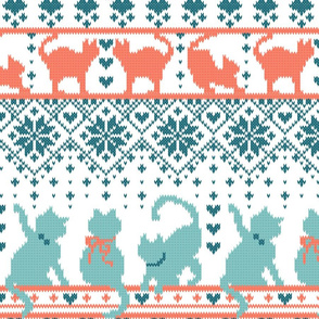 Normal scale // Fair Isle Knitting Cats Love // white background teal and orange kitties and details