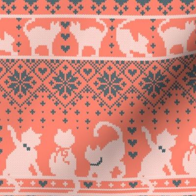Small scale // Fair Isle Knitting Cats Love // orange background dark teal and white kitties and details