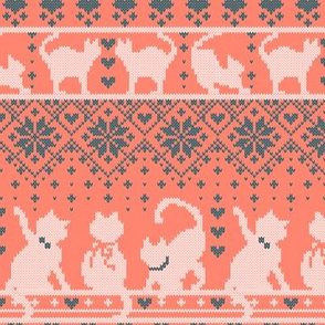 Small scale // Fair Isle Knitting Cats Love // orange background dark teal and white kitties and details