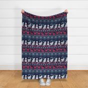 Normal scale // Fair Isle Knitting Cats Love // navy blue background grey white and dark pink kitties and details