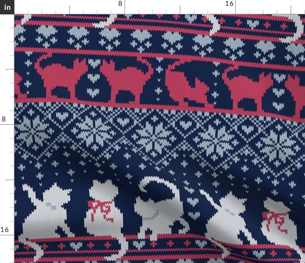 Normal scale // Fair Isle Knitting Cats Love // navy blue background grey white and dark pink kitties and details