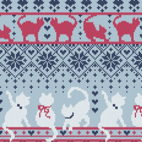Normal scale // Fair Isle Knitting Cats Love // normal scale // grey background navy blue white and dark pink kitties and details
