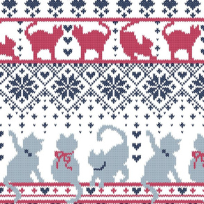 Normal scale // Fair Isle Knitting Cats Love // white background navy blue and dark pink kitties and details