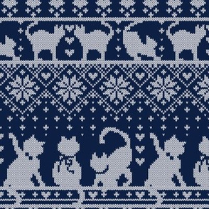 Small scale // Fair Isle Knitting Cats Love // navy blue background white kitties and details